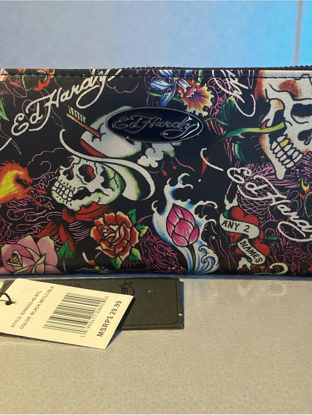 Ed Hardy Black Multi-Color Tattoo Print Wallet